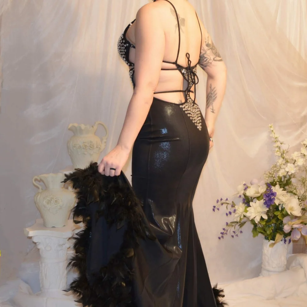 Sexy black stretchy feather and rhinestone dress wedding club prom unique party - Picture 7 of 7